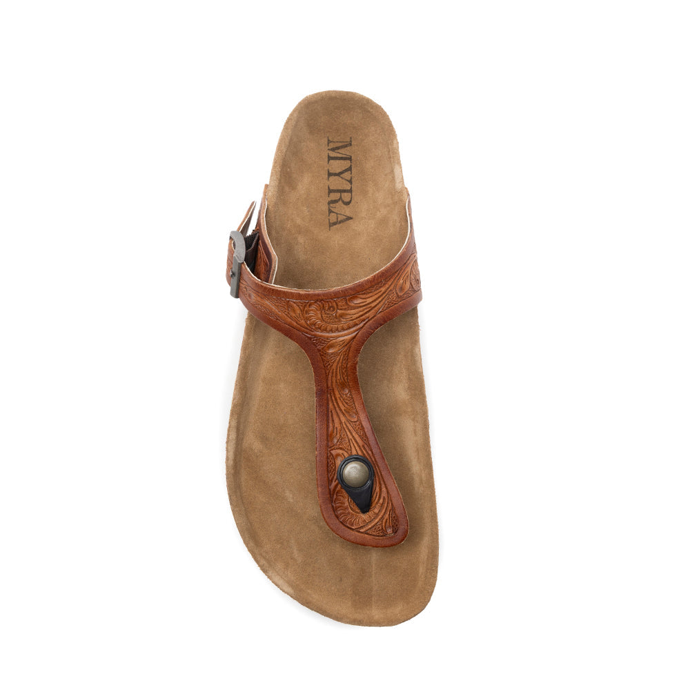 Myra Crockler Handtooled Leather Sandals for Women â€“ Adjustable Western Straps with Comfortable Cork Sole and Engraved Floral Pattern