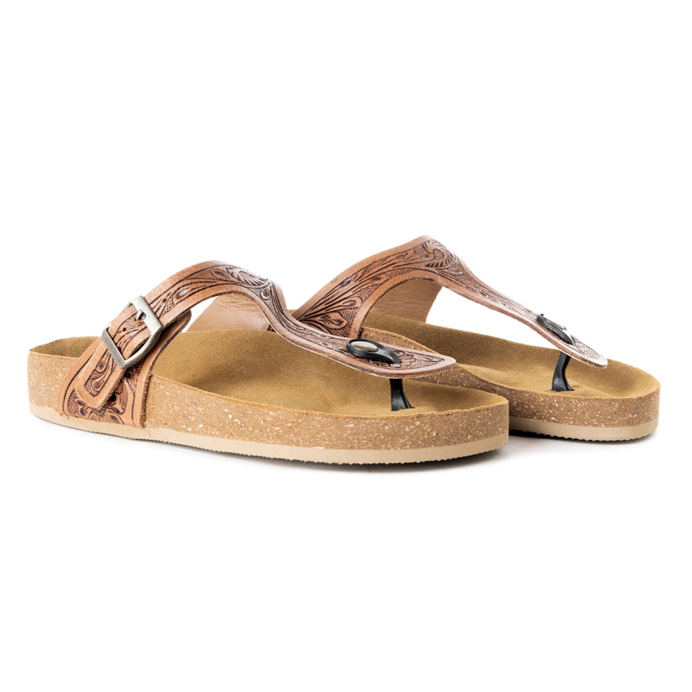Myra Grashius Leather Slip-on Flats for Women - Handtooled Casual Sandals with Western Flair