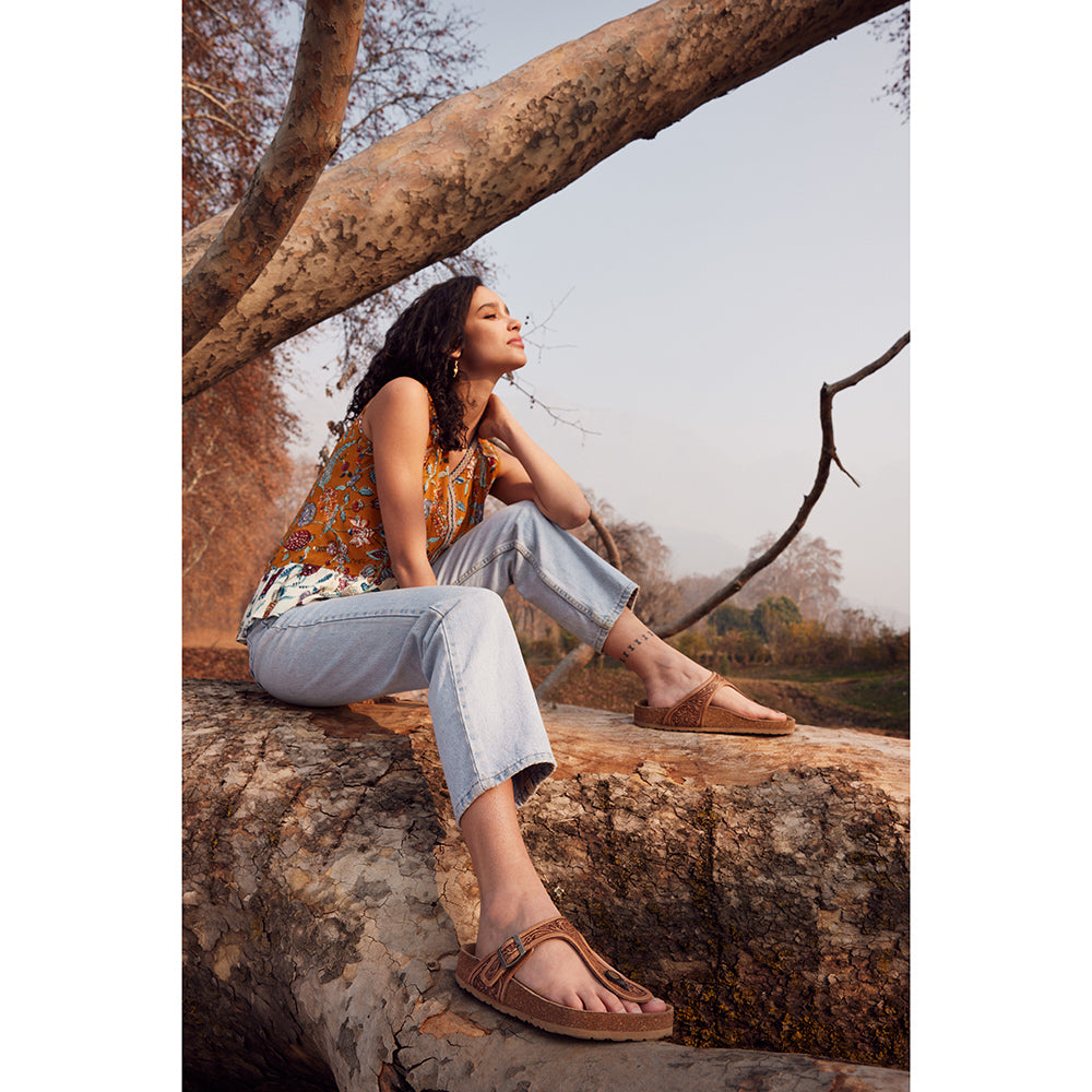 Myra Grashius Leather Slip-on Flats for Women - Handtooled Casual Sandals with Western Flair