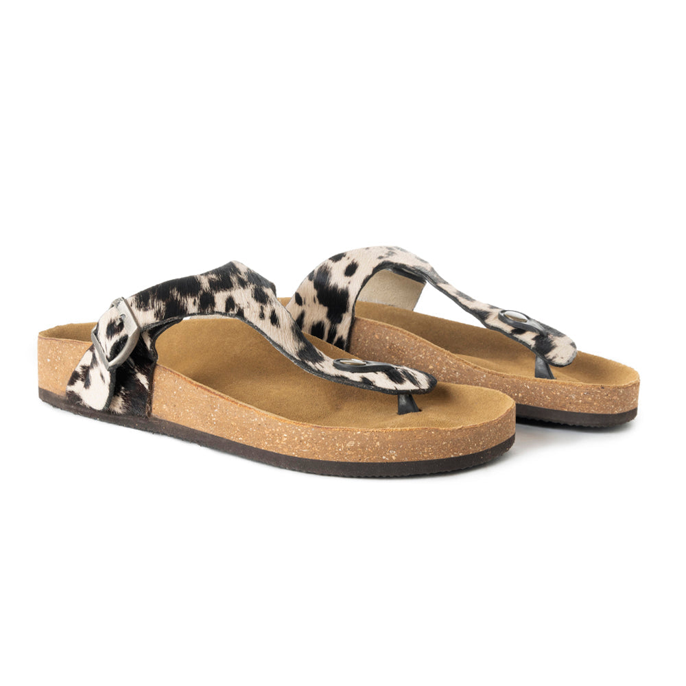 Myra Chino Hairon Leather Sandals for Women â€“ Western Toe Loop Flats with Cork Sole for Comfortable Wear