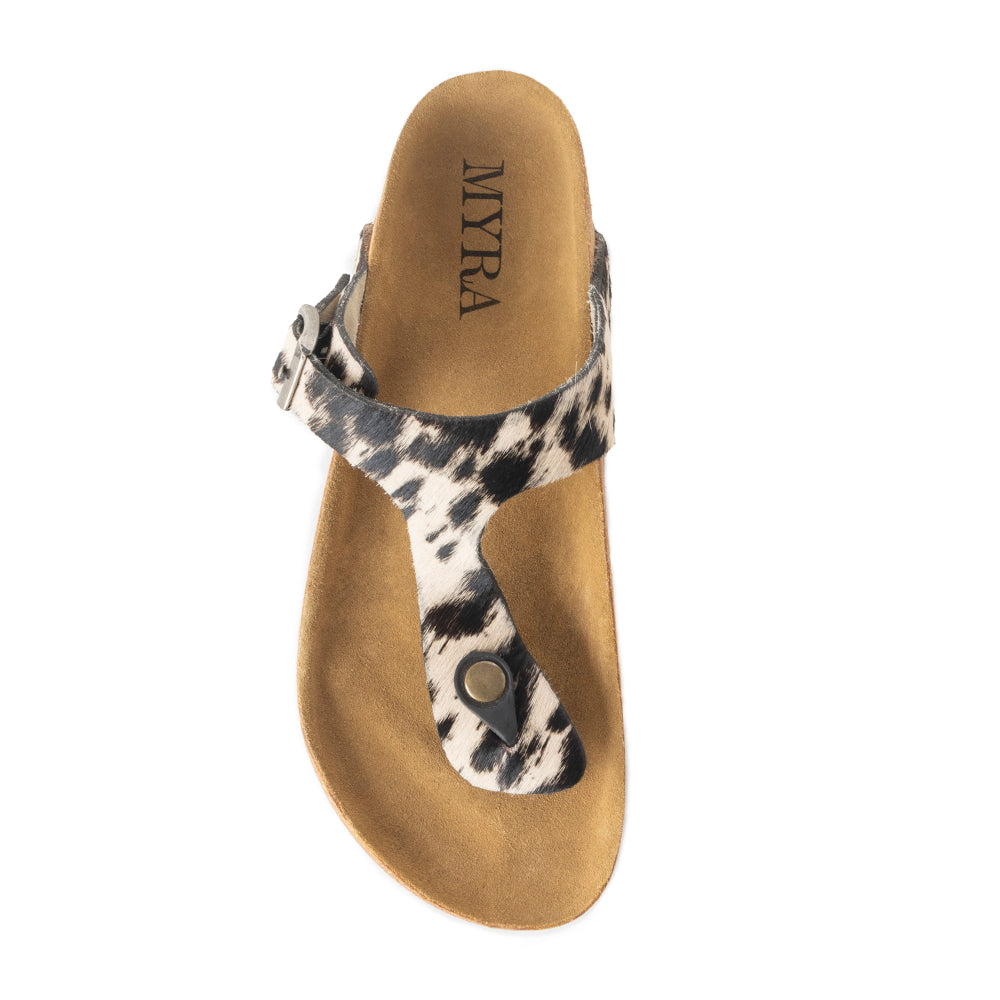 Myra Chino Hairon Leather Sandals for Women â€“ Western Toe Loop Flats with Cork Sole for Comfortable Wear