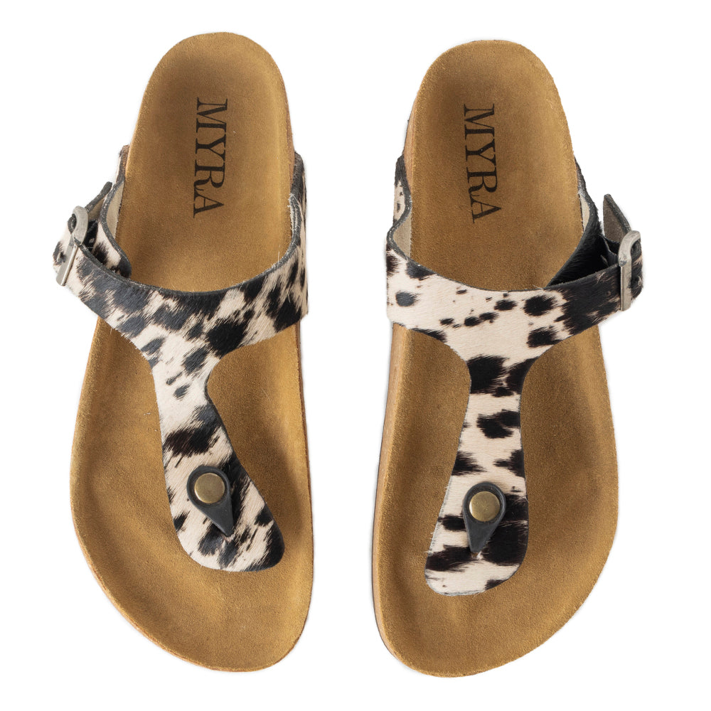 Myra Chino Hairon Leather Sandals for Women â€“ Western Toe Loop Flats with Cork Sole for Comfortable Wear