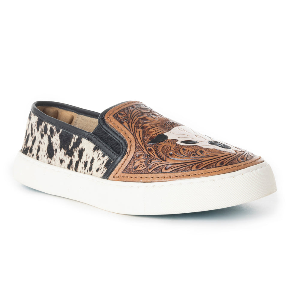 Myra Reflexo Textured Leather Slip-Ons -  Hairon Cowhide & Floral Tooling Comfort Sneakers for Women