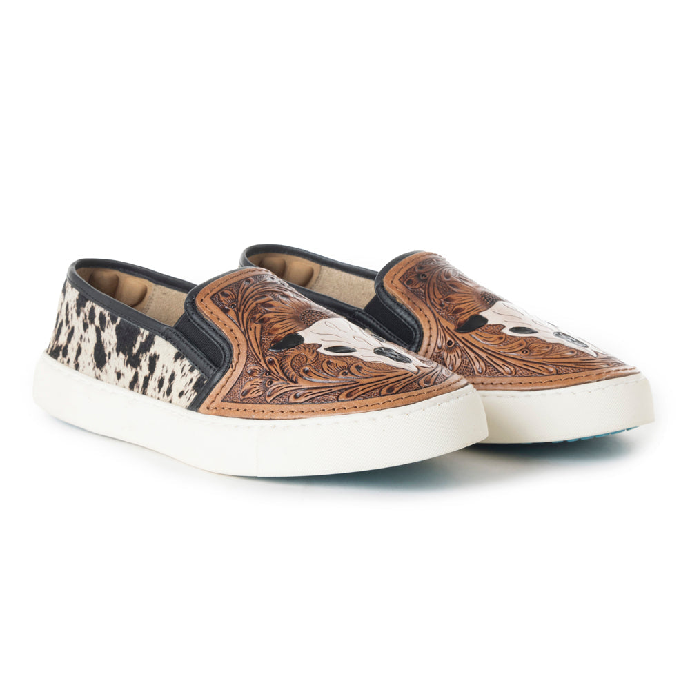 Myra Reflexo Textured Leather Slip-Ons -  Hairon Cowhide & Floral Tooling Comfort Sneakers for Women