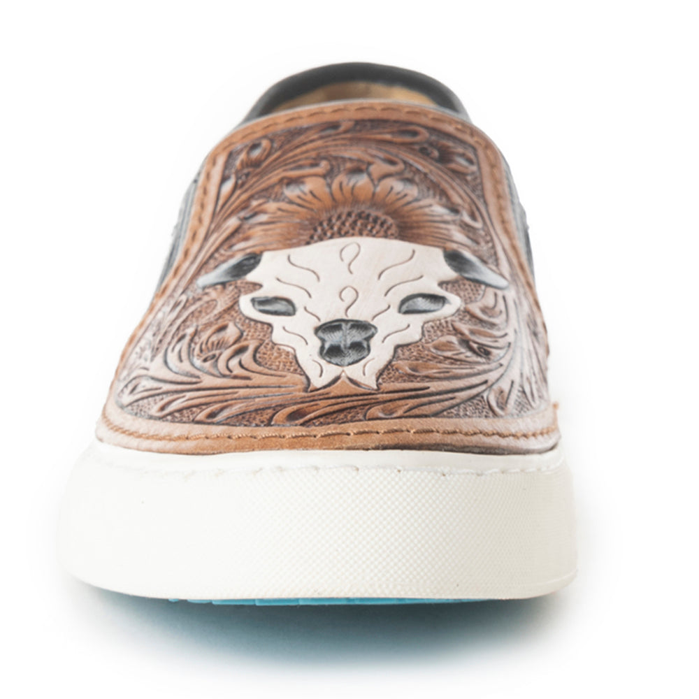 Myra Reflexo Textured Leather Slip-Ons -  Hairon Cowhide & Floral Tooling Comfort Sneakers for Women