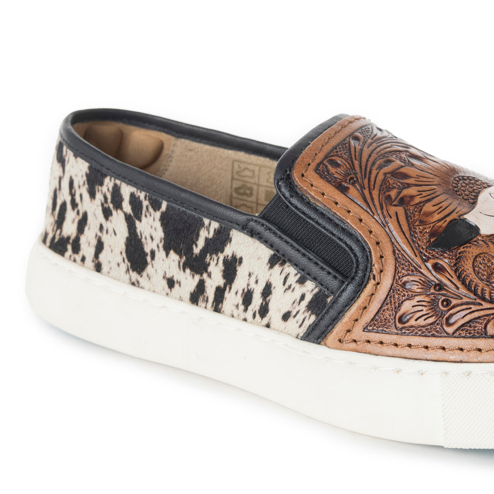 Myra Reflexo Textured Leather Slip-Ons -  Hairon Cowhide & Floral Tooling Comfort Sneakers for Women