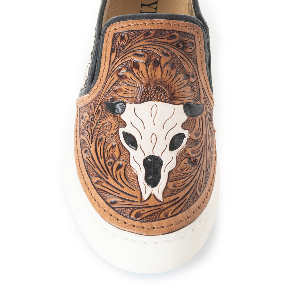 Myra Reflexo Textured Leather Slip-Ons -  Hairon Cowhide & Floral Tooling Comfort Sneakers for Women