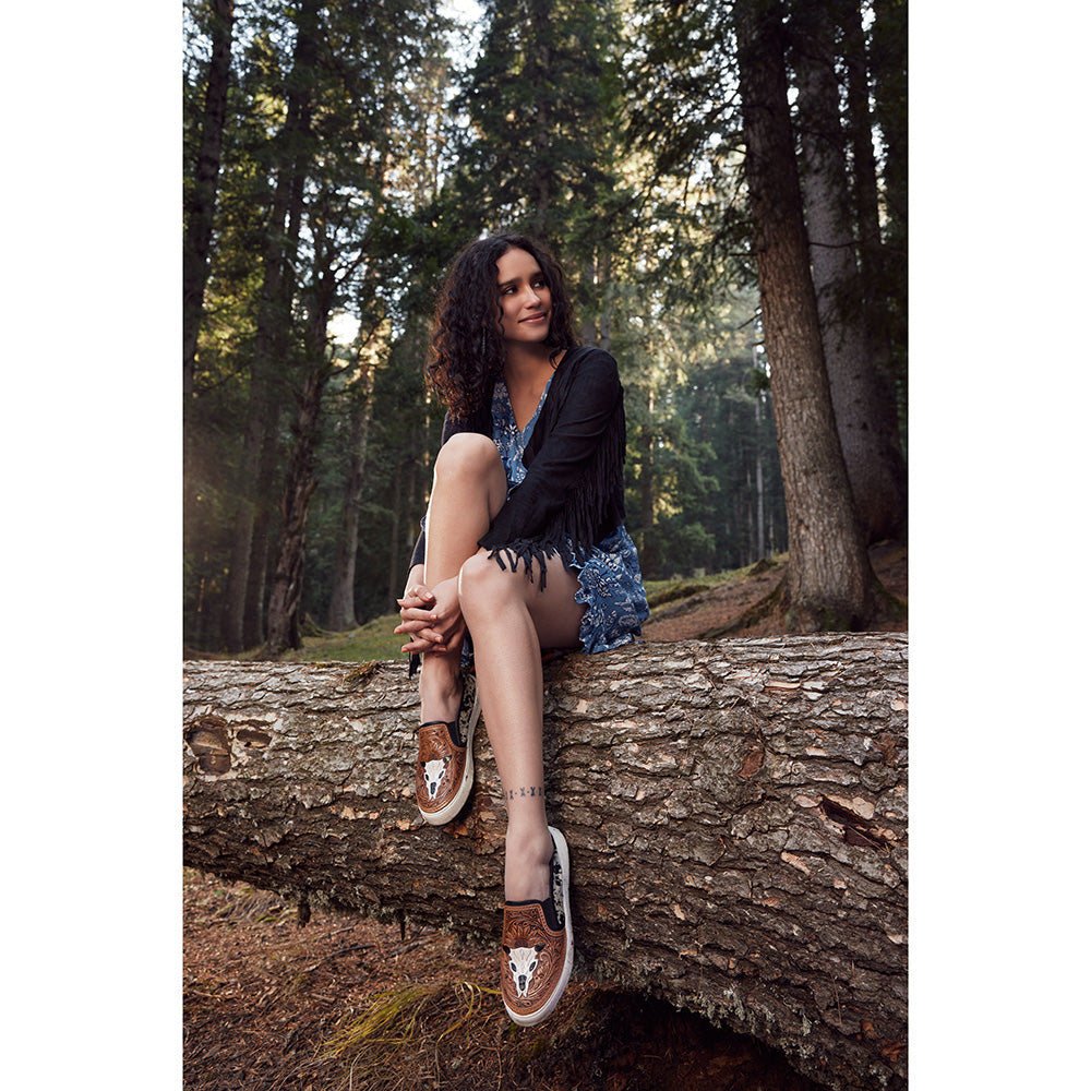 Myra Reflexo Textured Leather Slip-Ons -  Hairon Cowhide & Floral Tooling Comfort Sneakers for Women