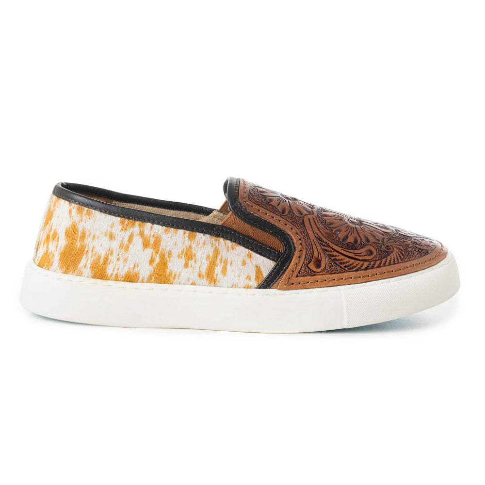 Myra Kryptun Western Handtooled Hairon Leather Slip-On Sneakers for Women – Western Floral Carving, White Sole for Everyday Rodeo Vibe