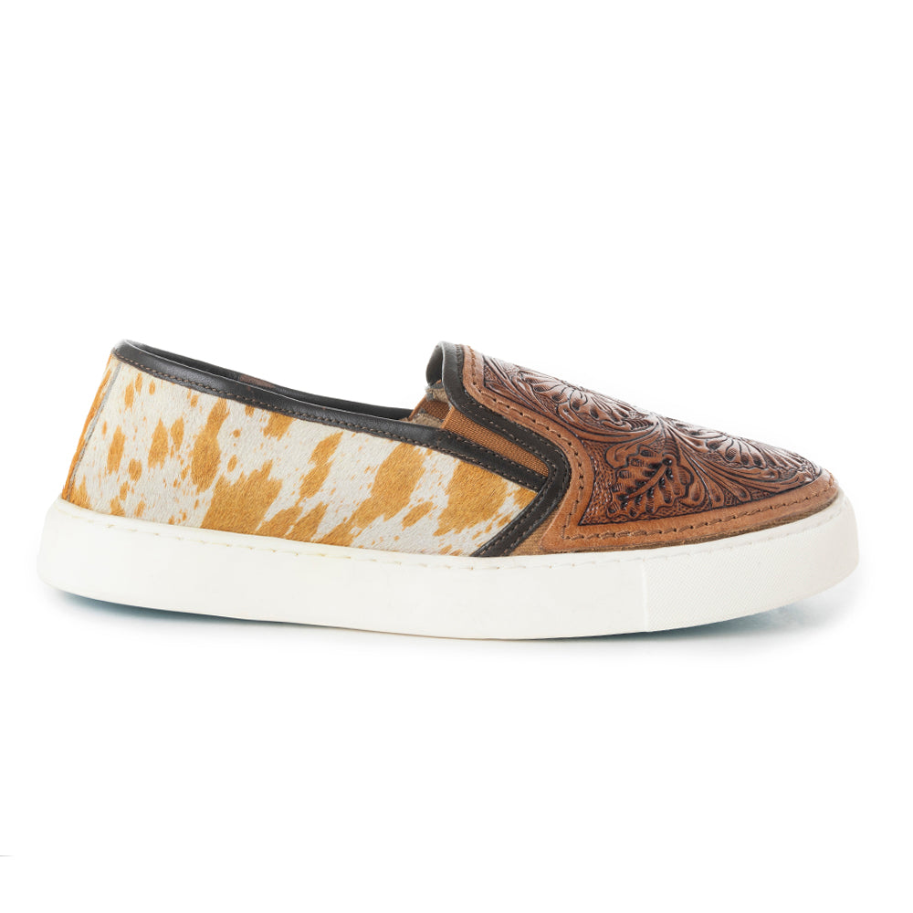 Myra Rodon Western Handtooled Leather Slip-On Sneakers – Cowgirl Casual Shoes with Floral Engraving and Hairon Accents
