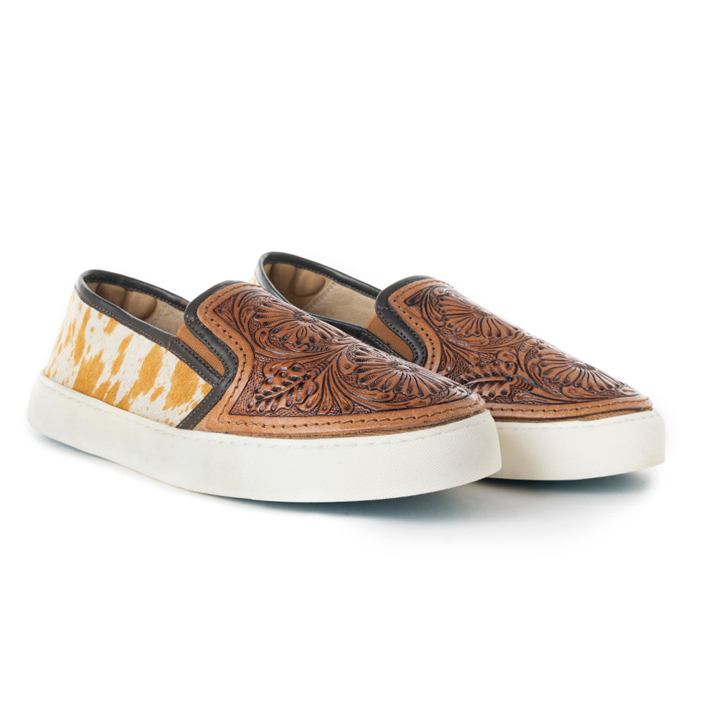 Myra Rodon Western Handtooled Leather Slip-On Sneakers – Cowgirl Casual Shoes with Floral Engraving and Hairon Accents