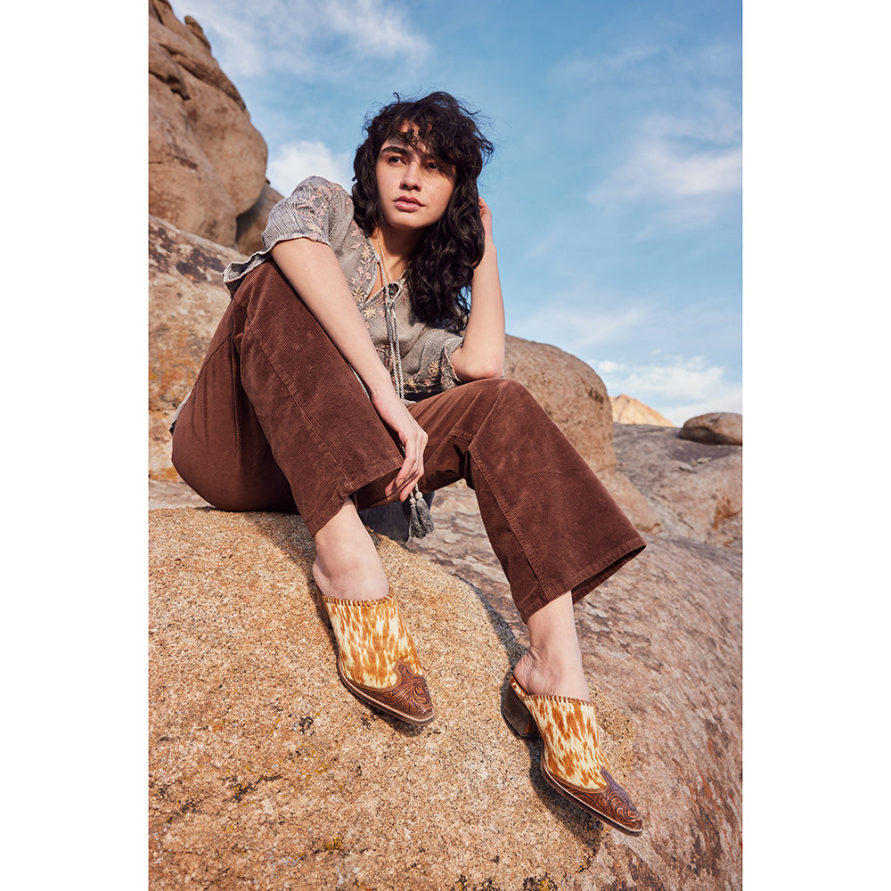 Myra Orange Western Hairon Leather Mules for Women â€“ Pointed Toe, Low Heels, Handtooled Western Slip-Ons