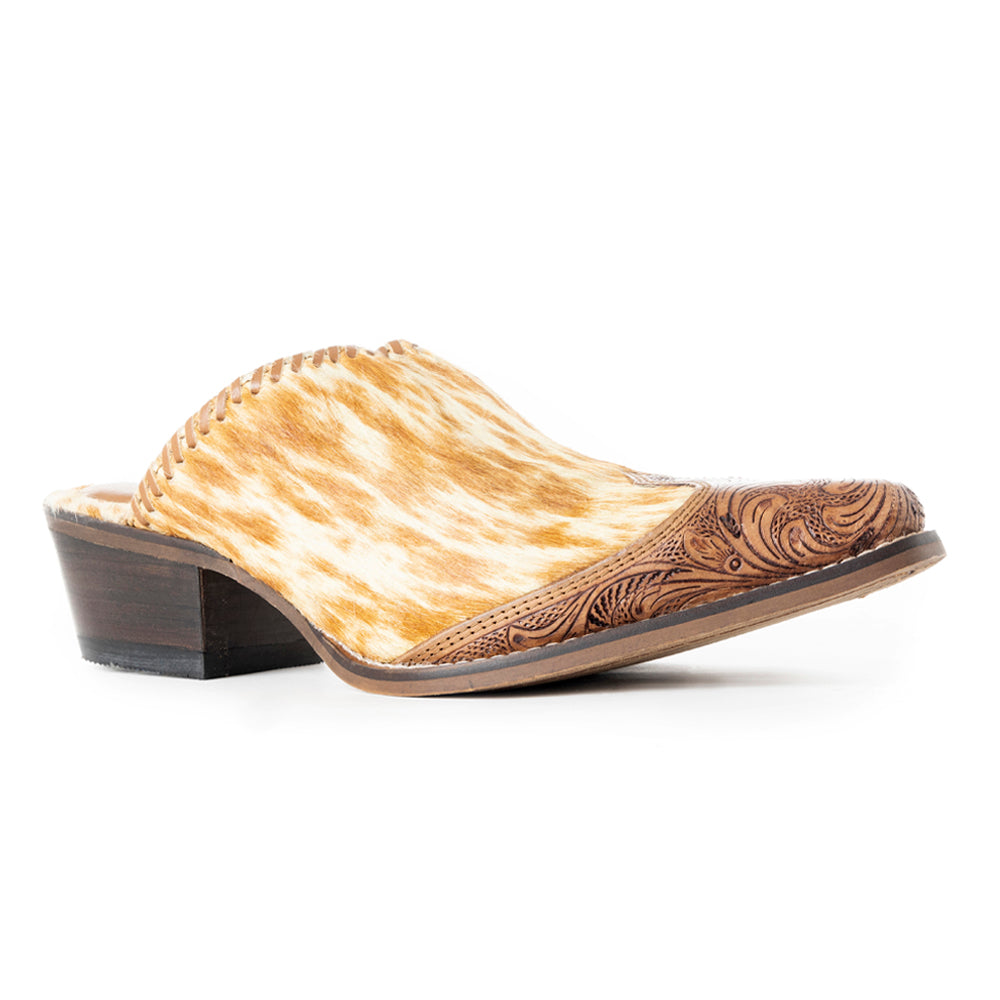 Myra Orange Western Hairon Leather Mules for Women â€“ Pointed Toe, Low Heels, Handtooled Western Slip-Ons