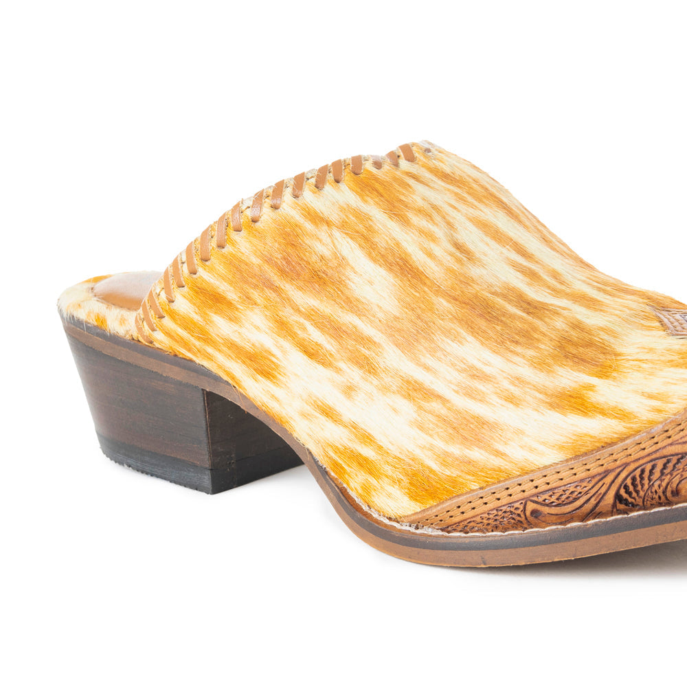 Myra Orange Western Hairon Leather Mules for Women â€“ Pointed Toe, Low Heels, Handtooled Western Slip-Ons