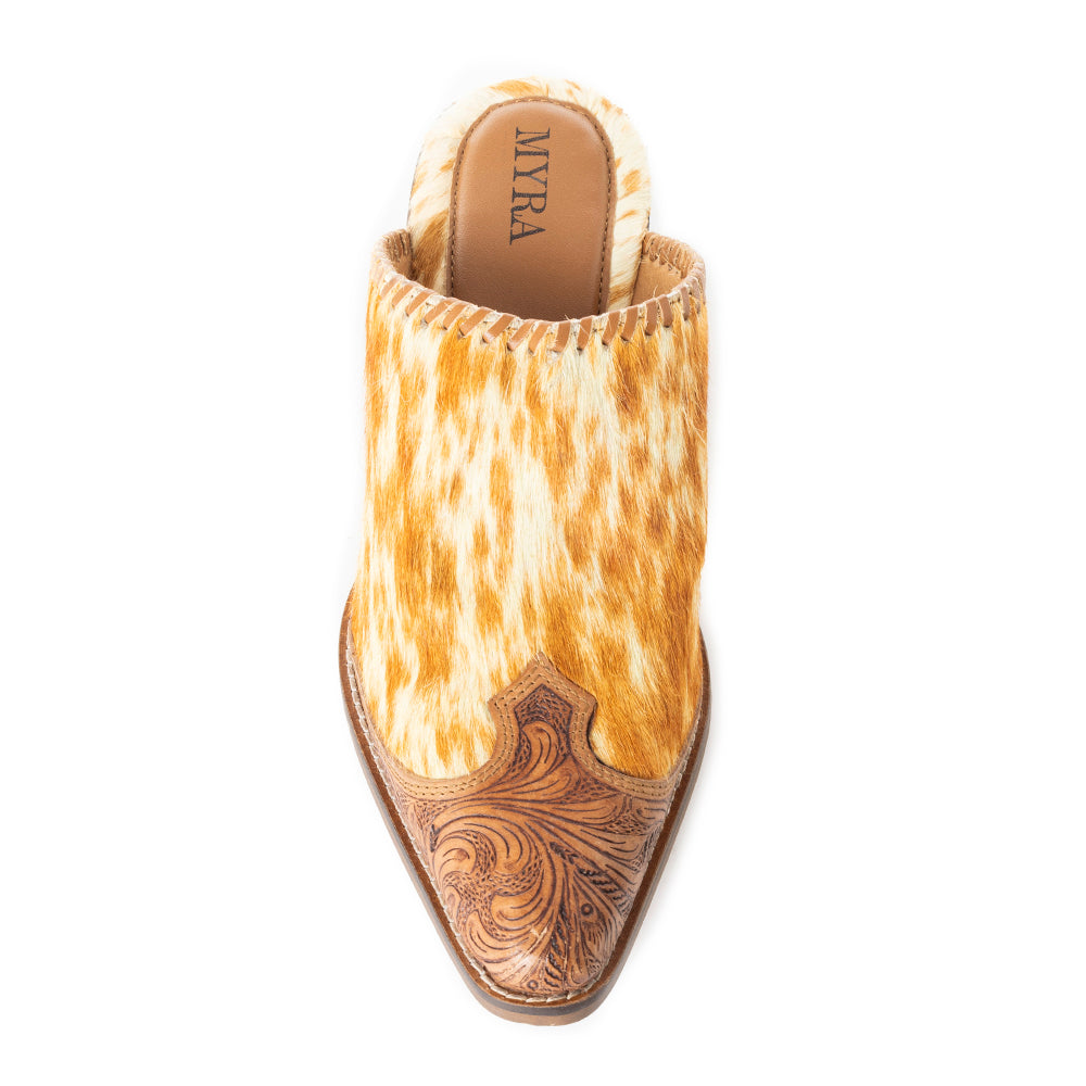 Myra Orange Western Hairon Leather Mules for Women â€“ Pointed Toe, Low Heels, Handtooled Western Slip-Ons