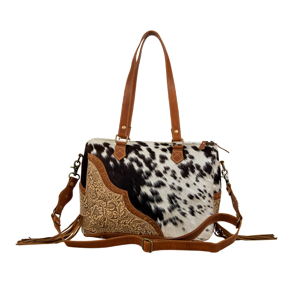 Myra Laredo Concealed Carry Bag - Hand-Stitched Hair-On Leather Satchel with Embossed Detailing and Western Fringe Design