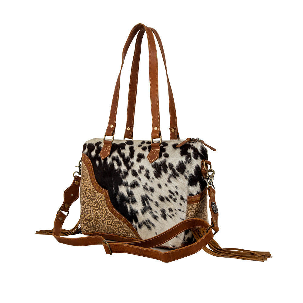 Myra Laredo Concealed Carry Bag - Hand-Stitched Hair-On Leather Satchel with Embossed Detailing and Western Fringe Design