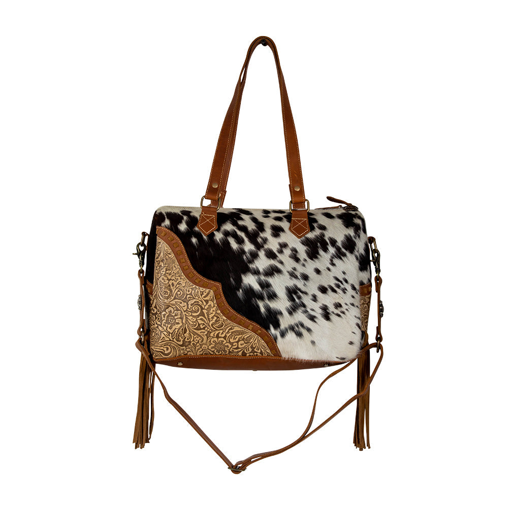 Myra Laredo Concealed Carry Bag - Hand-Stitched Hair-On Leather Satchel with Embossed Detailing and Western Fringe Design