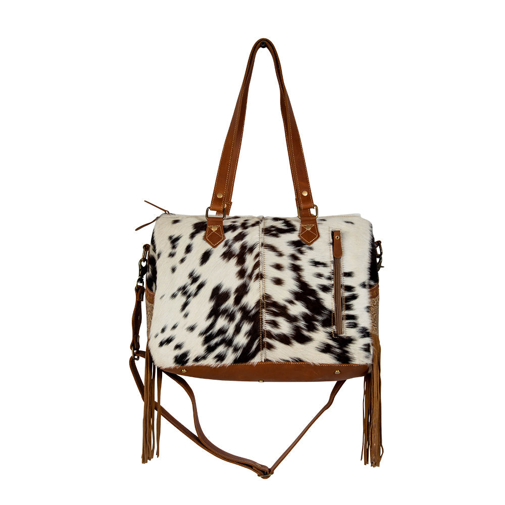 Myra Laredo Concealed Carry Bag - Hand-Stitched Hair-On Leather Satchel with Embossed Detailing and Western Fringe Design
