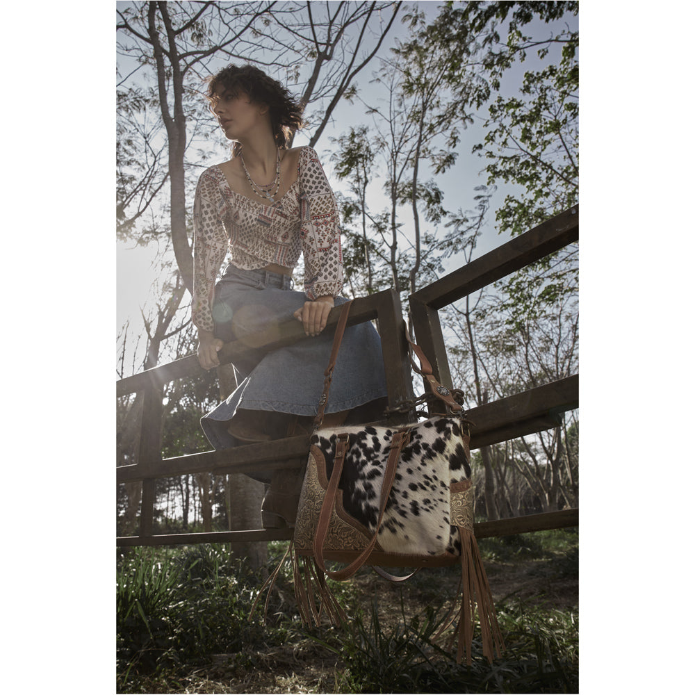 Myra Laredo Concealed Carry Bag - Hand-Stitched Hair-On Leather Satchel with Embossed Detailing and Western Fringe Design