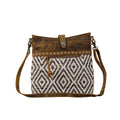 Myra Sand Weaver Shoulder Bag for Women â€“ Rustic Brown Leather, Jacquard Geometric Print, Turquoise Stone Snap for Ranch Chic