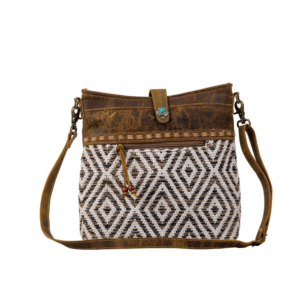 Myra Sand Weaver Shoulder Bag for Women â€“ Rustic Brown Leather, Jacquard Geometric Print, Turquoise Stone Snap for Ranch Chic