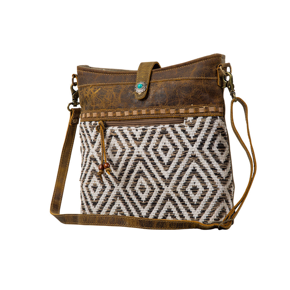 Myra Sand Weaver Shoulder Bag for Women â€“ Rustic Brown Leather, Jacquard Geometric Print, Turquoise Stone Snap for Ranch Chic