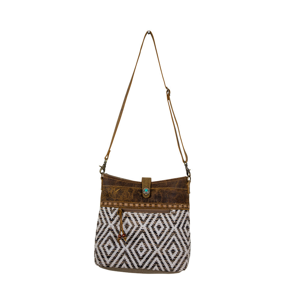 Myra Sand Weaver Shoulder Bag for Women â€“ Rustic Brown Leather, Jacquard Geometric Print, Turquoise Stone Snap for Ranch Chic