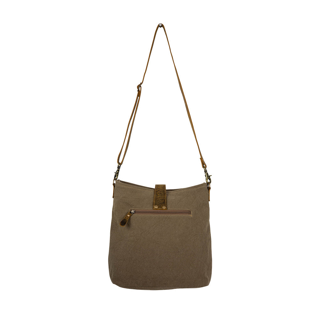 Myra Sand Weaver Shoulder Bag for Women â€“ Rustic Brown Leather, Jacquard Geometric Print, Turquoise Stone Snap for Ranch Chic
