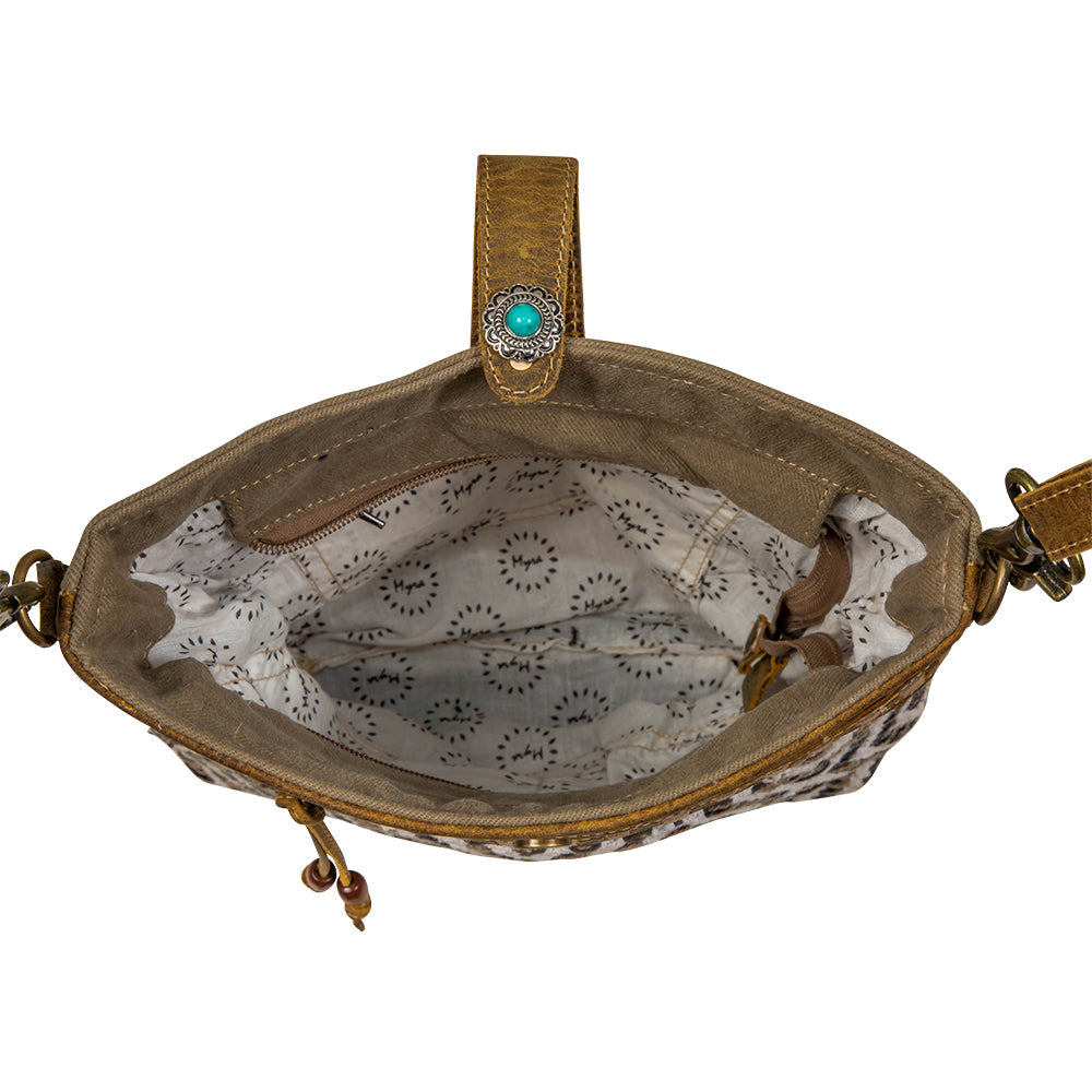 Myra Sand Weaver Shoulder Bag for Women â€“ Rustic Brown Leather, Jacquard Geometric Print, Turquoise Stone Snap for Ranch Chic