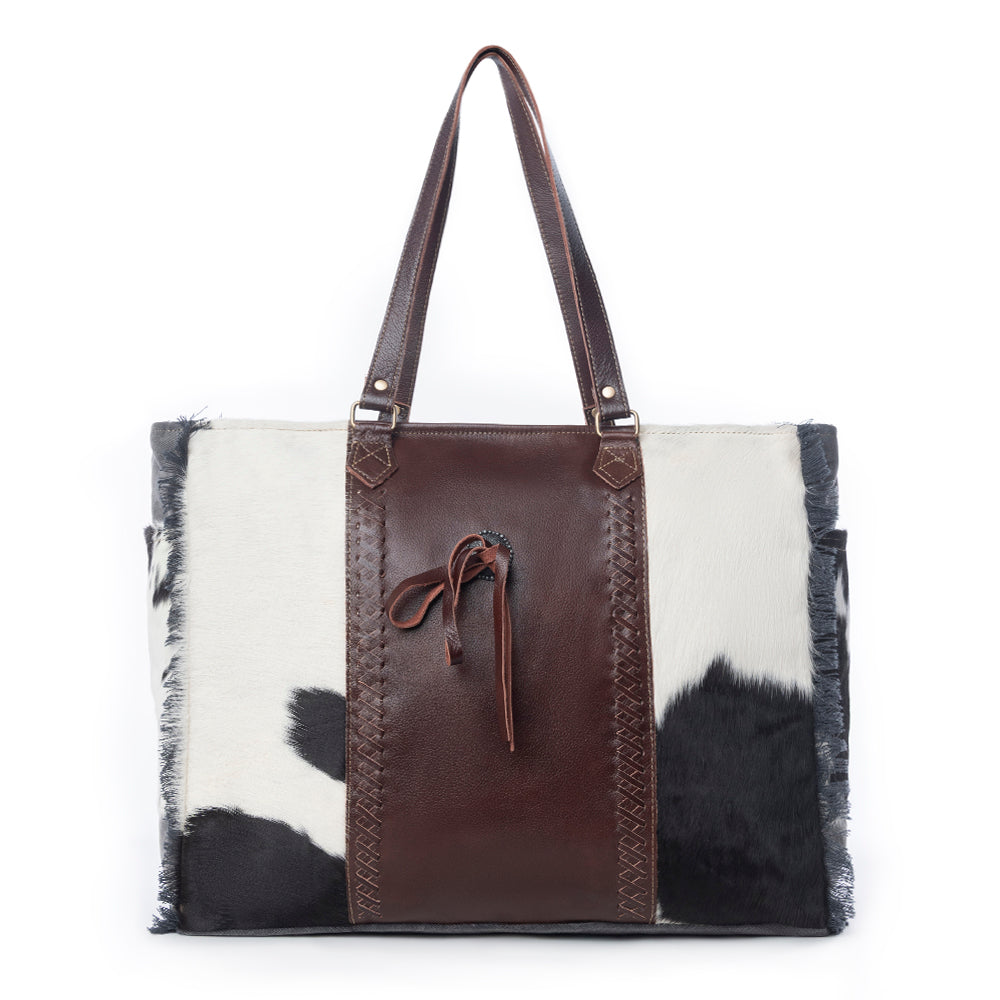 Myra Rosalinda Cross Stitched Hairon Leather Weekender Bag - Spacious Travel Tote with Stitch Trim and Durable Shoulder Straps
