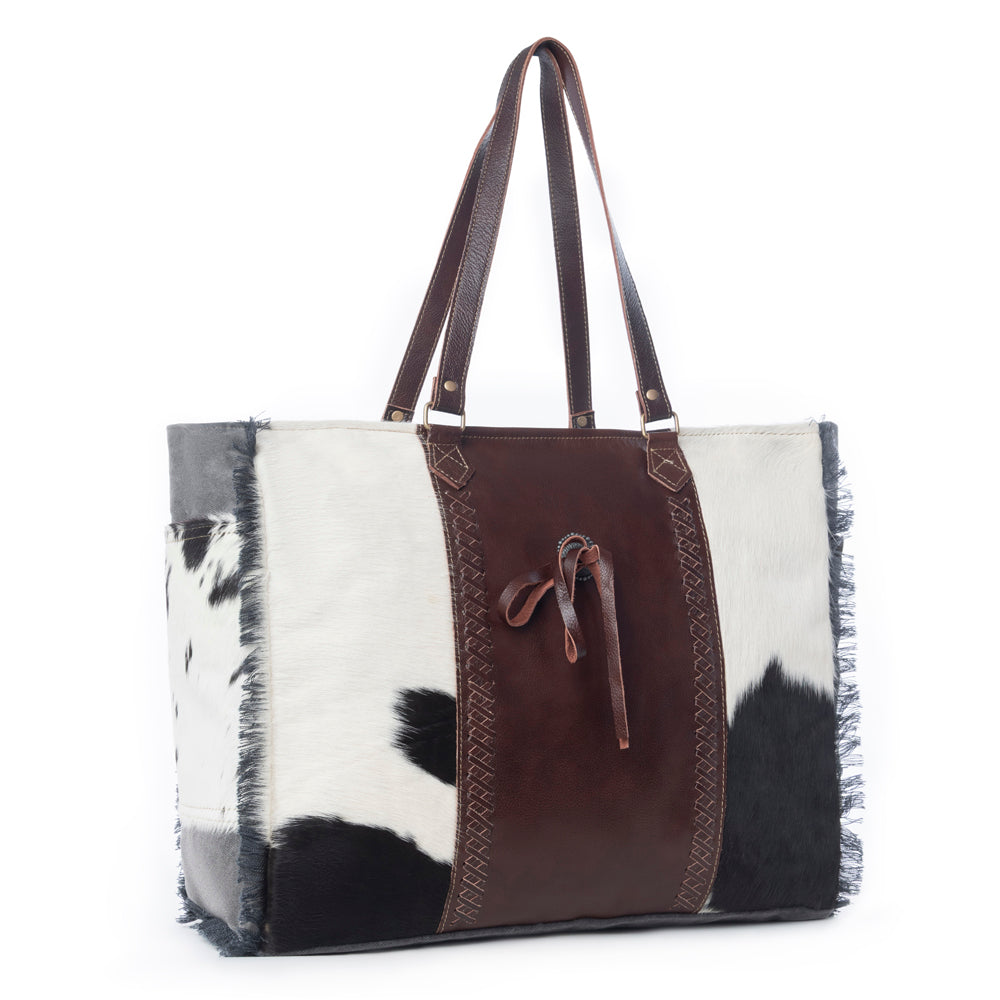Myra Rosalinda Cross Stitched Hairon Leather Weekender Bag - Spacious Travel Tote with Stitch Trim and Durable Shoulder Straps