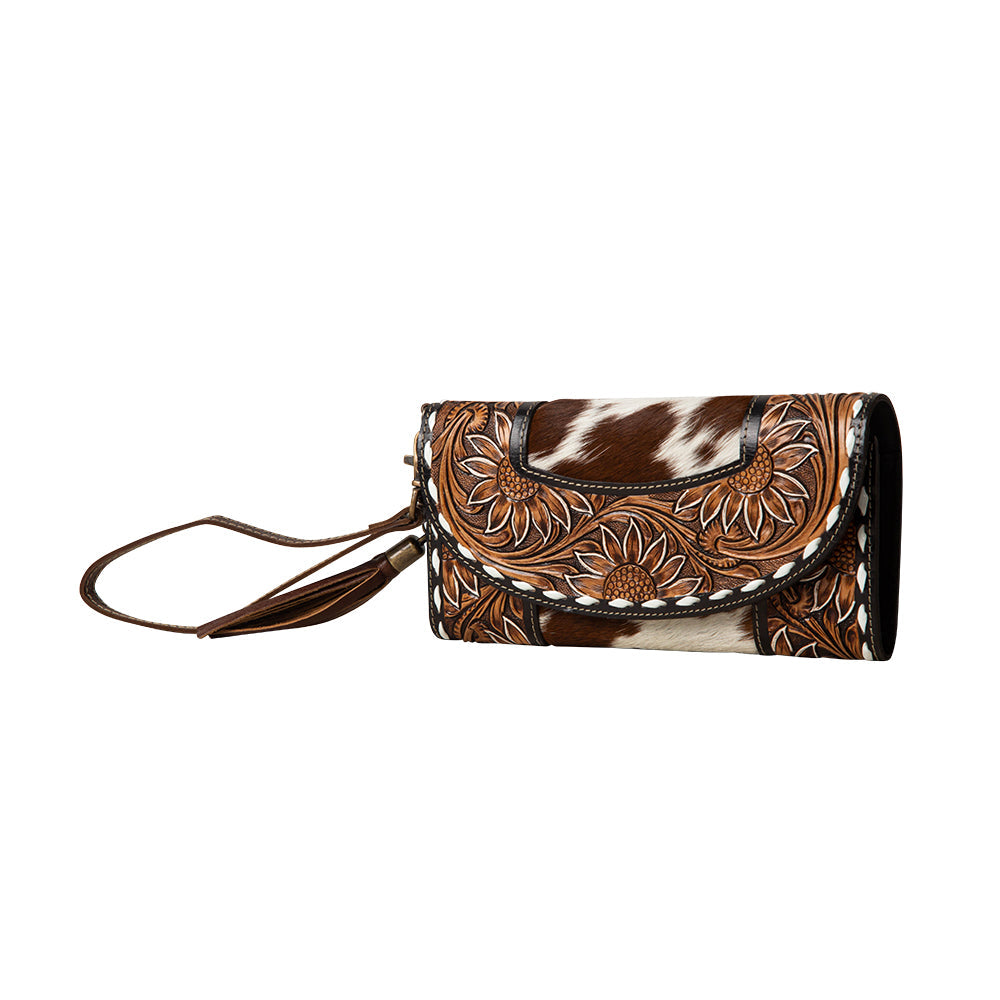Myra Sandstone Trail Hairon Wristlet Wallet - Handtooled Leather with Western Floral Pattern and Tassel Strap for Easy Use