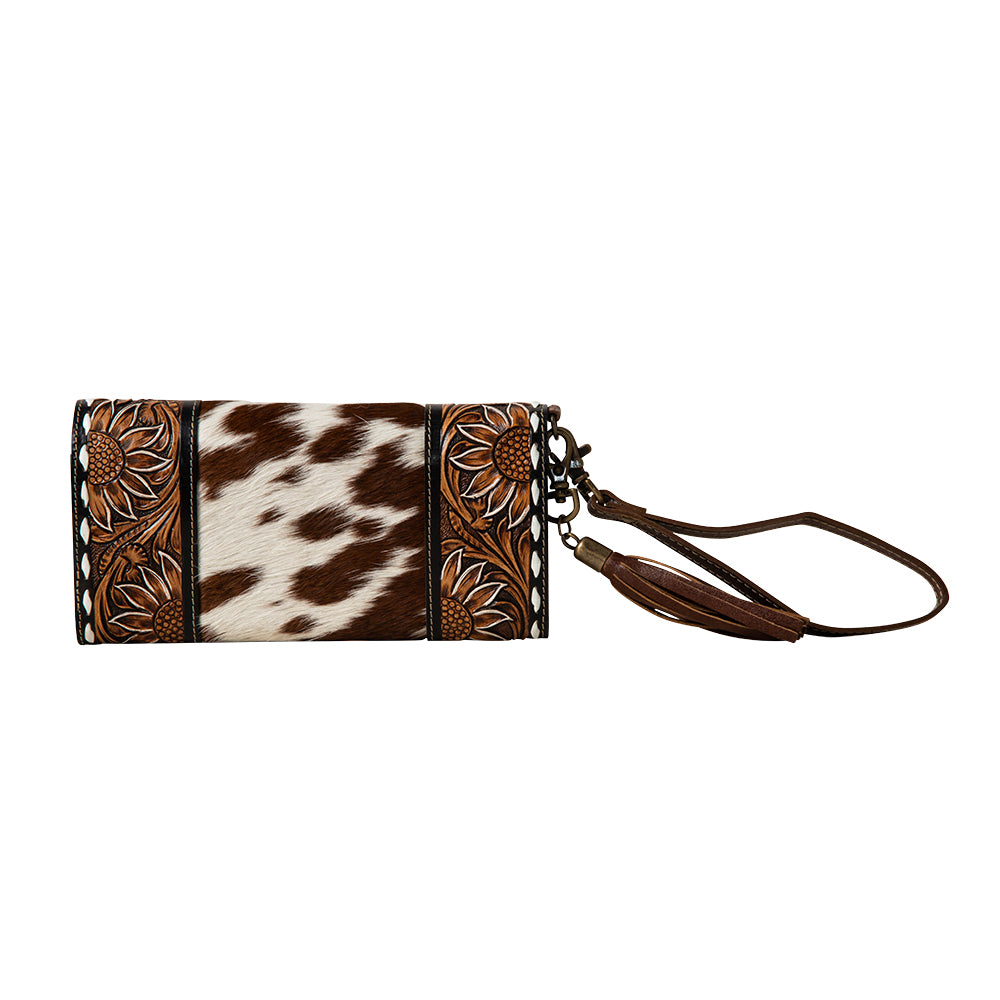 Myra Sandstone Trail Hairon Wristlet Wallet - Handtooled Leather with Western Floral Pattern and Tassel Strap for Easy Use