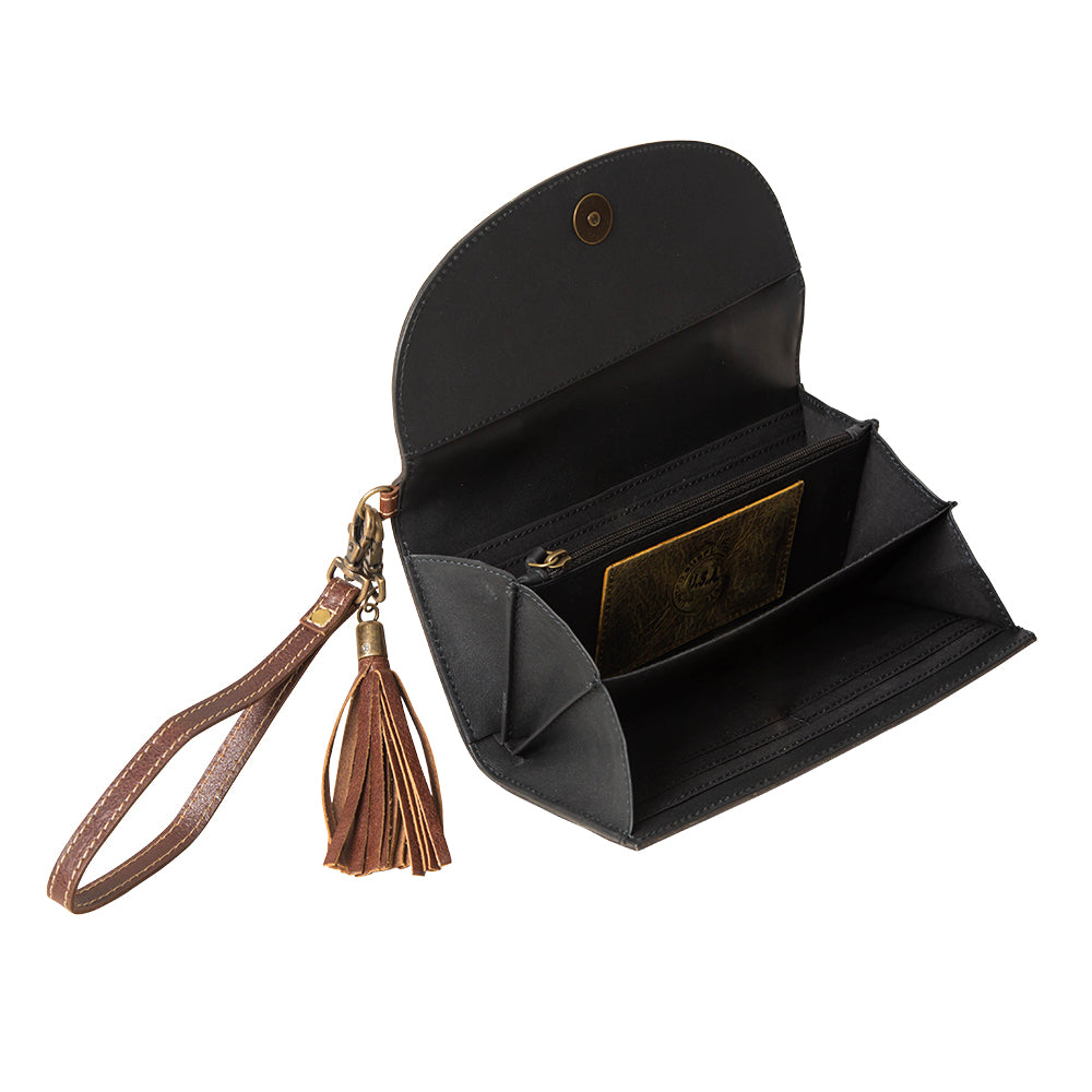 Myra Sandstone Trail Hairon Wristlet Wallet - Handtooled Leather with Western Floral Pattern and Tassel Strap for Easy Use