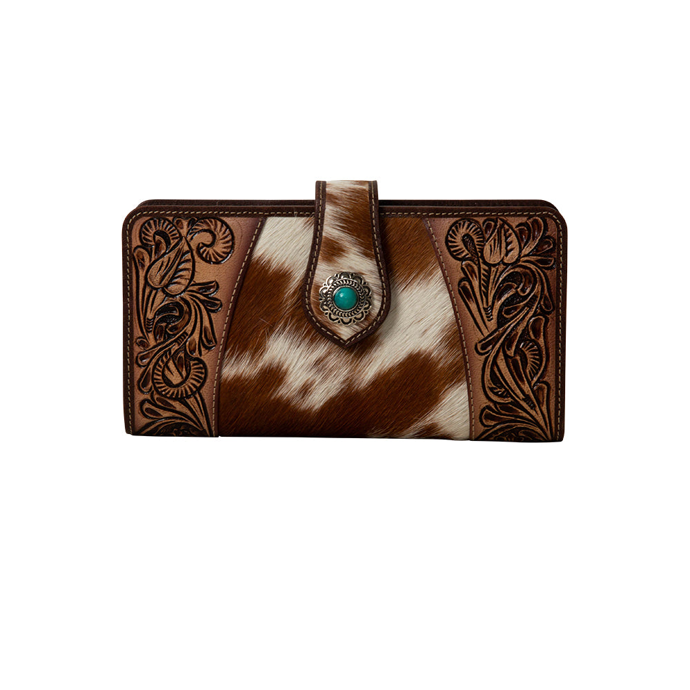 Myra Roscoe Ridge Hairon Leather Wallet for Women Handtooled Trim, Turquoise Stone Button for Ranch-Ready Style
