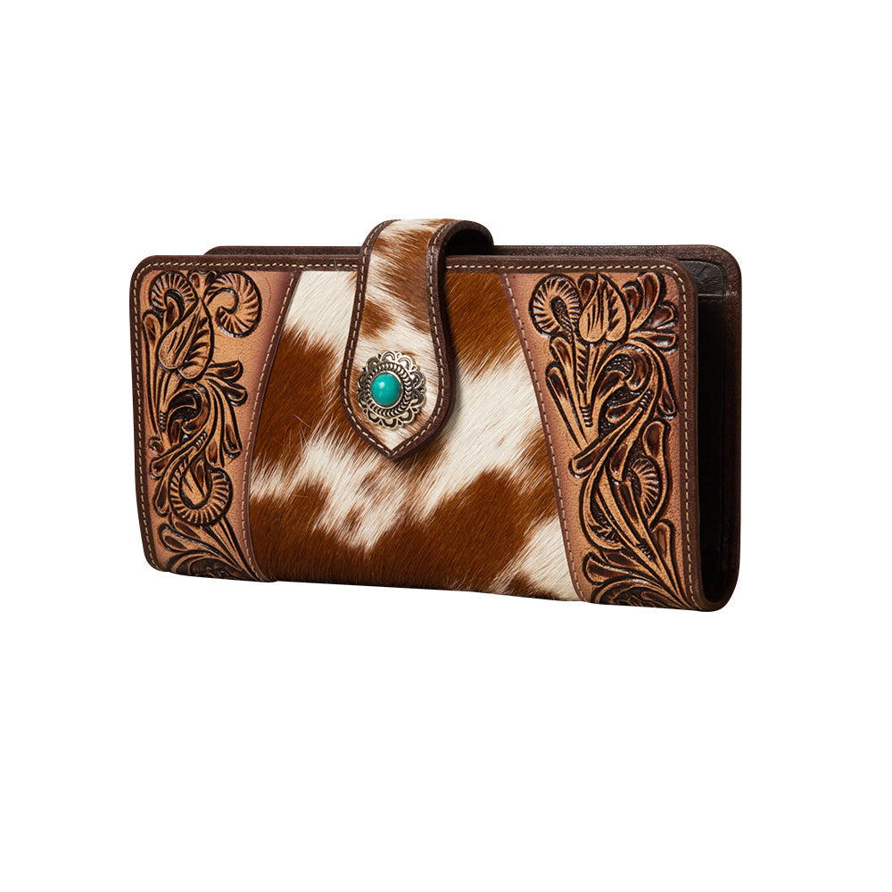 Myra Roscoe Ridge Hairon Leather Wallet for Women Handtooled Trim, Turquoise Stone Button for Ranch-Ready Style