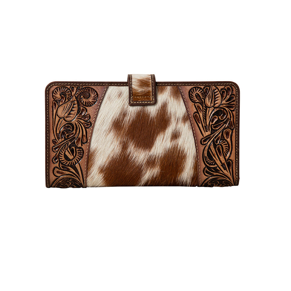 Myra Roscoe Ridge Hairon Leather Wallet for Women Handtooled Trim, Turquoise Stone Button for Ranch-Ready Style
