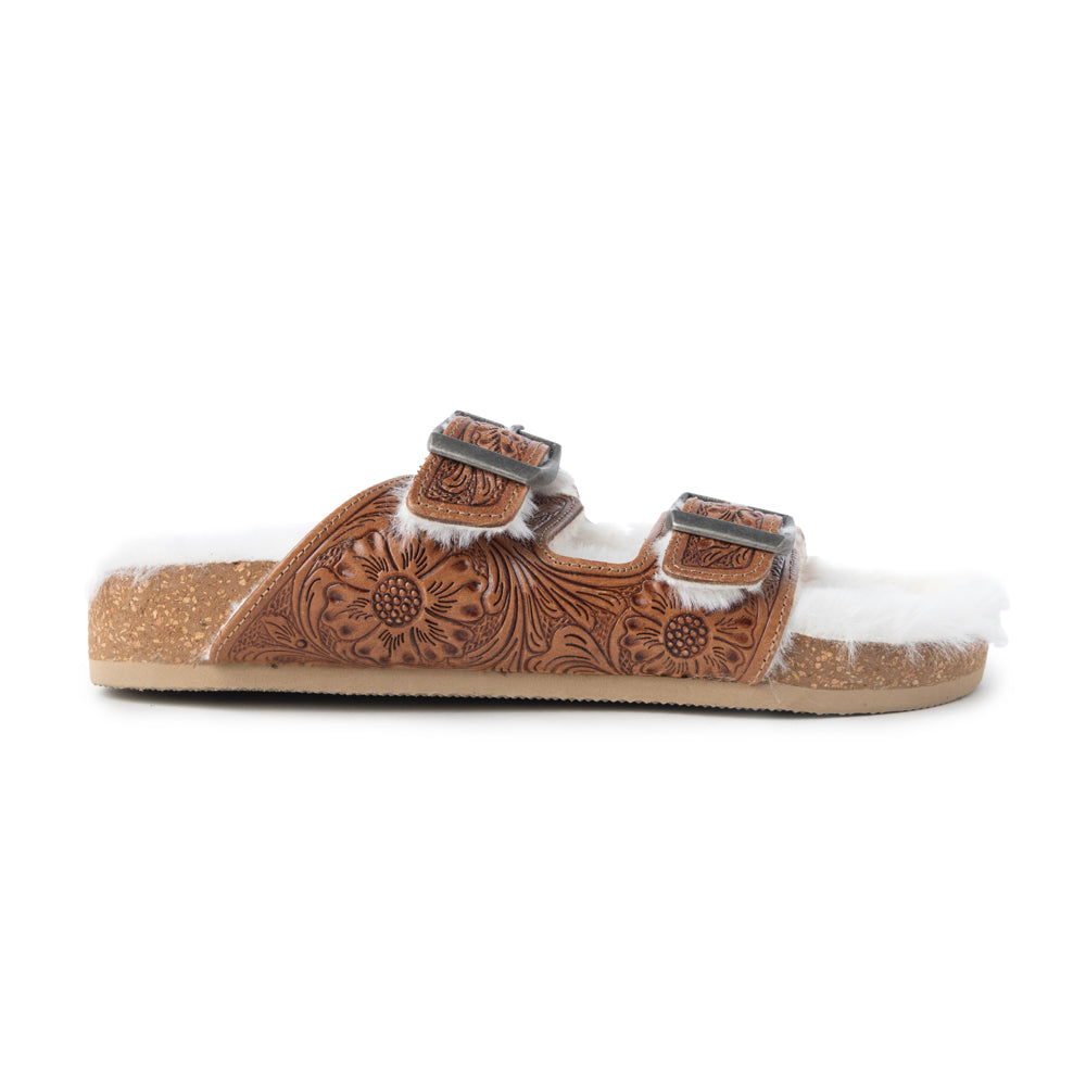 Prairie Winds Hand-tooled Fur Comfort Leather Sandals