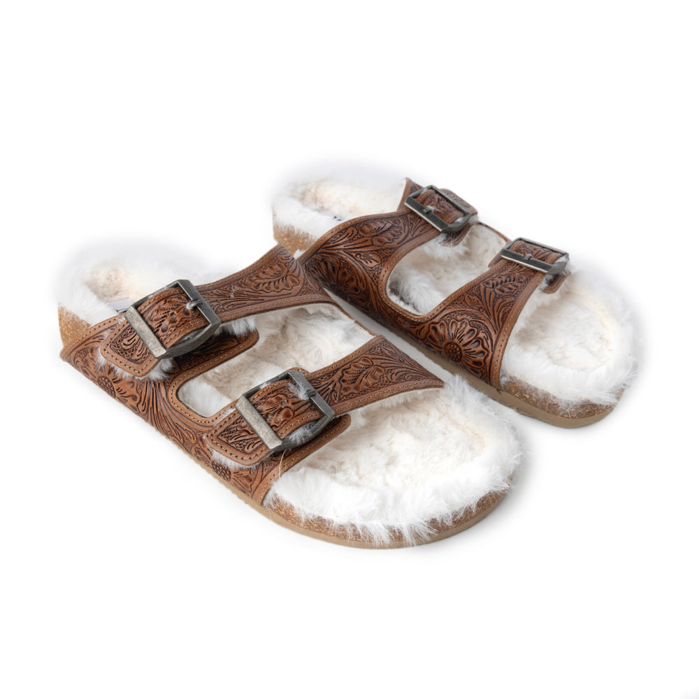 Prairie Winds Hand-tooled Fur Comfort Leather Sandals