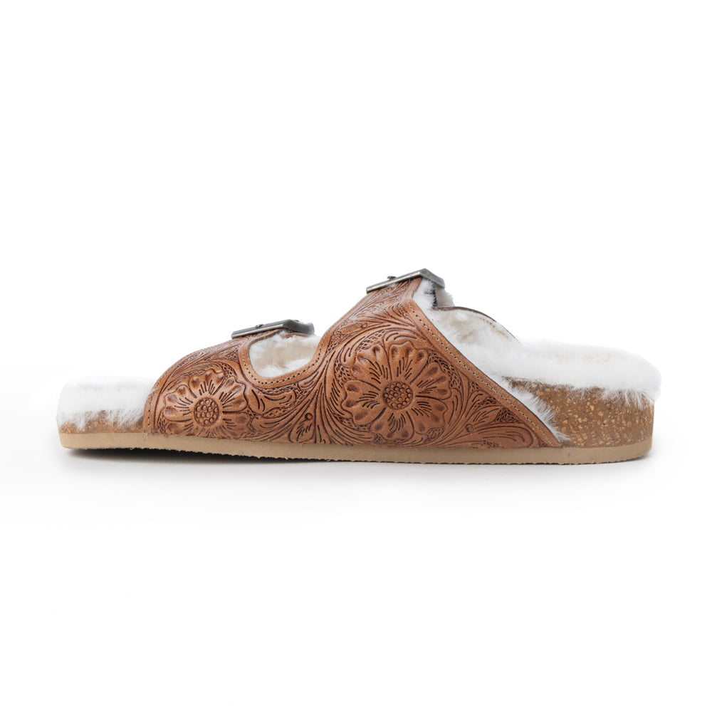 Prairie Winds Hand-tooled Fur Comfort Leather Sandals