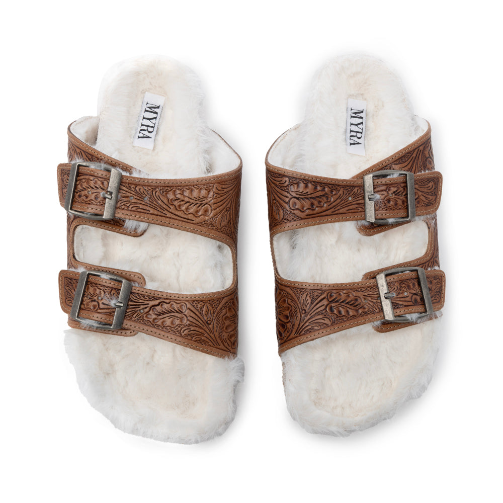 Prairie Winds Hand-tooled Fur Comfort Leather Sandals