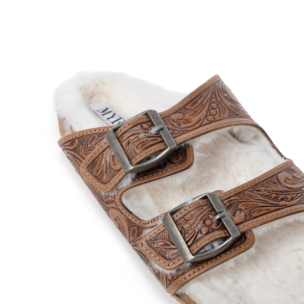 Prairie Winds Hand-tooled Fur Comfort Leather Sandals