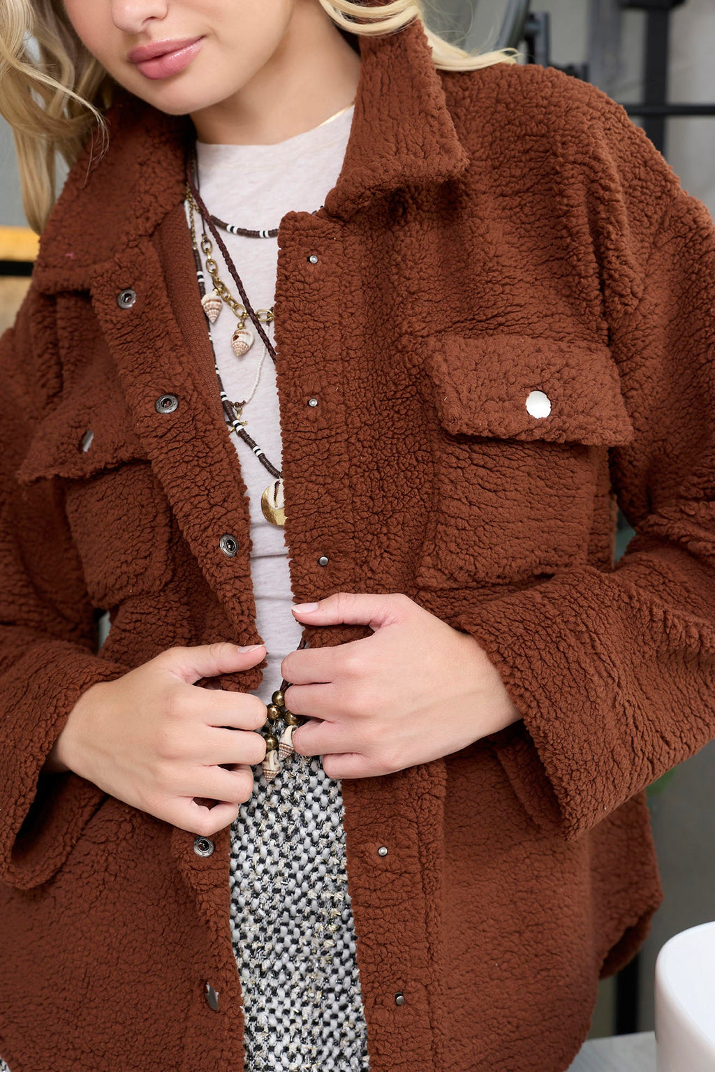 Amina Fleece Button Front Shacket Sweater