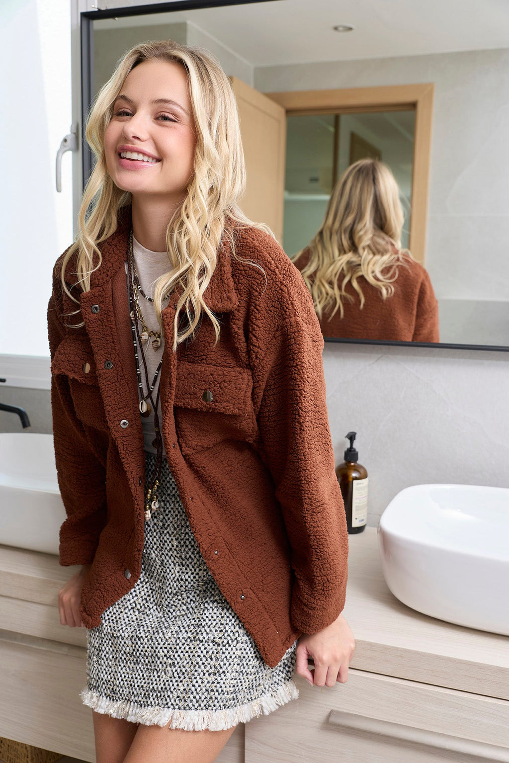 Amina Fleece Button Front Shacket Sweater