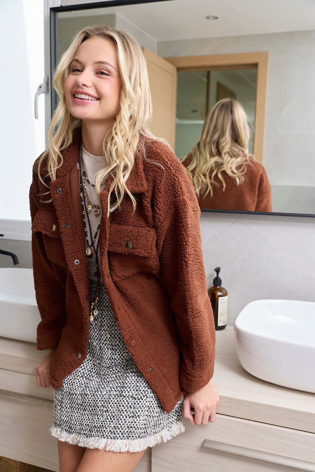 Amina Fleece Button Front Shacket Sweater