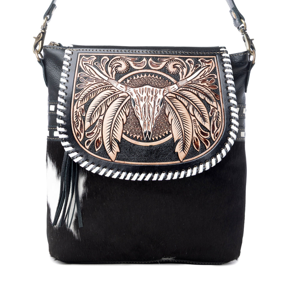 Myra Spirit of the Herd Hairon Leather Bag for Women Western Cowhide Purse with Intricate Tooling