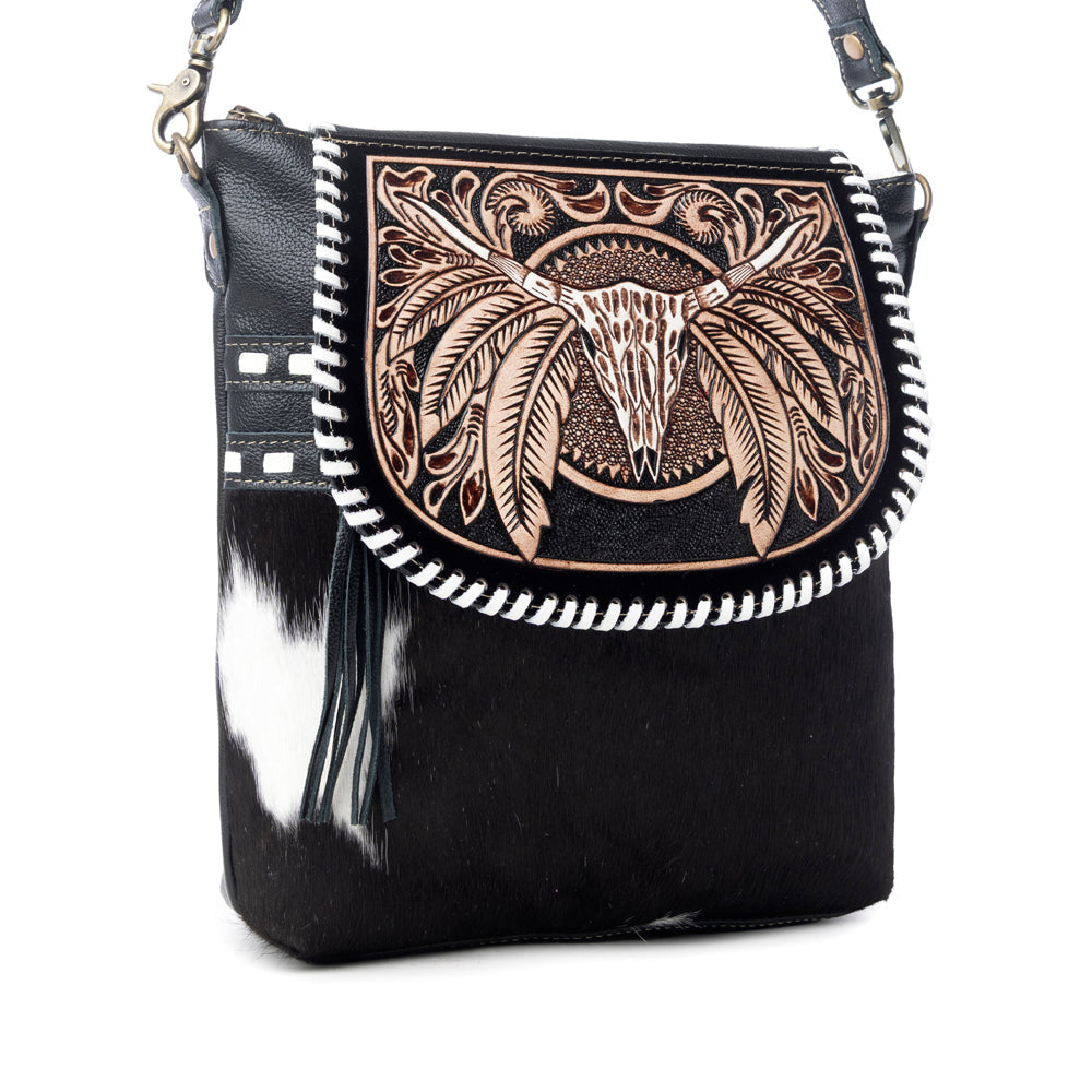 Myra Spirit of the Herd Hairon Leather Bag for Women Western Cowhide Purse with Intricate Tooling