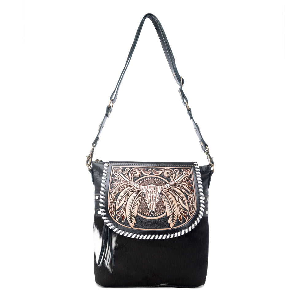 Myra Spirit of the Herd Hairon Leather Bag for Women Western Cowhide Purse with Intricate Tooling