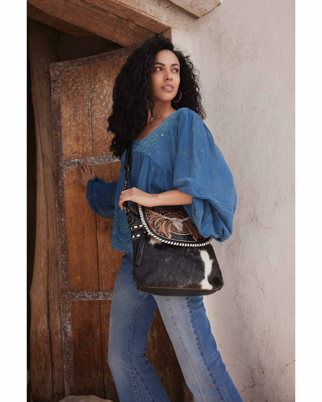 Myra Spirit of the Herd Hairon Leather Bag for Women Western Cowhide Purse with Intricate Tooling